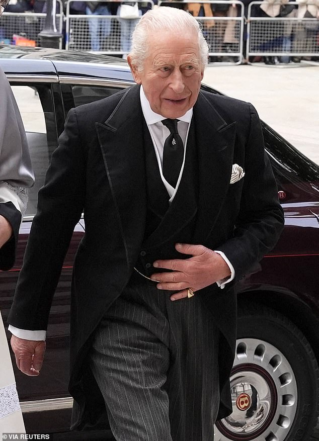 King Charles put on a sombre display as he arrived for the Requiem Mass service for the Duchess of Kent