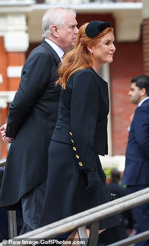 Prince Andrew and Sarah Ferguson are pictured arriving at Westminster Abbey ahead of the funeral