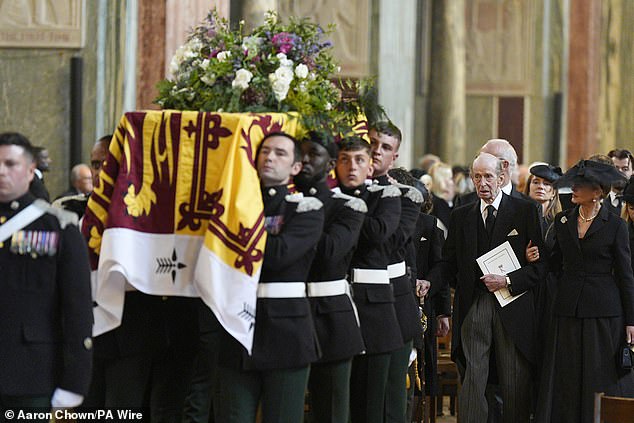 The Duke of Kent and Lady Helen Taylor follow behind the Duchess of Kent's coffin today