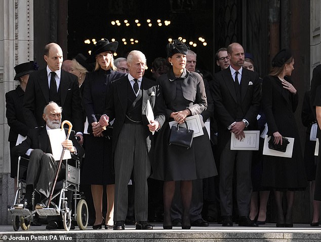 Prince Michael of Kent, Lord Frederick Windsor, Lady Gabriella Windsor, King Charles III with Sophie Winkleman leave after the Requiem Mass service for the Duchess of Kent, who was laid to rest today