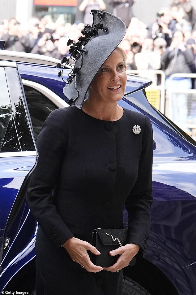 Sophie, 60, cut a dignified figure in all-black mourning attire, donning a black midi dress and a fascinator hat as she arrived at the Cathedral today to pay her final respects to the late Duchess of Kent