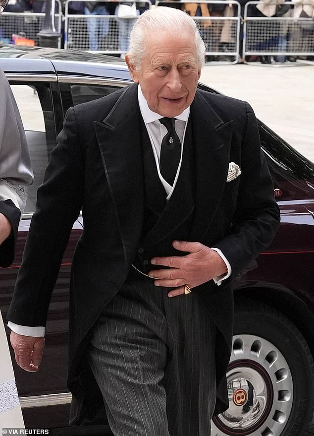 King Charles put on a sombre display as he arrived for the Requiem Mass service for the Duchess of Kent