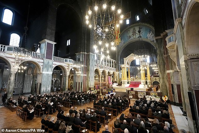 Pictured today: A general view of the Requiem Mass service for the Duchess of Kent this afternoon