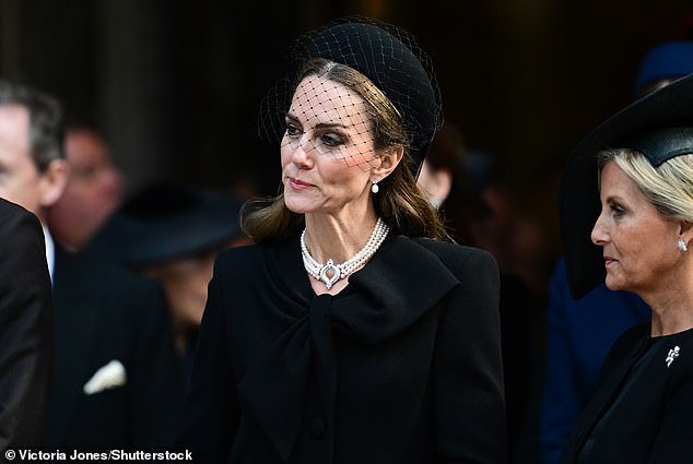 Kate was pictured leaving Westminster Cathedral after the memorial service for the Duchess of Kent, who died 'peacefully' while surrounded by her family at Kensington Palace on September 4