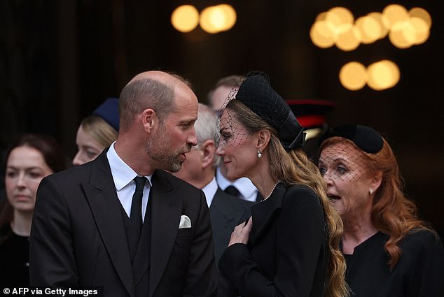 Kate leaned in for a word with Prince William, as the pair joined several senior royals at the historic funeral in London