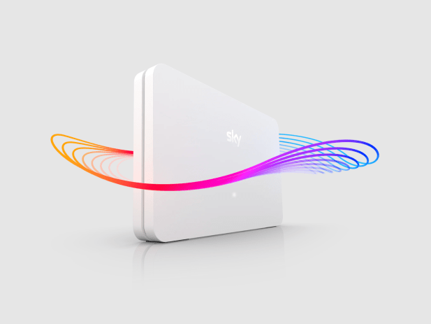 Sky broadband router with colorful data streams.