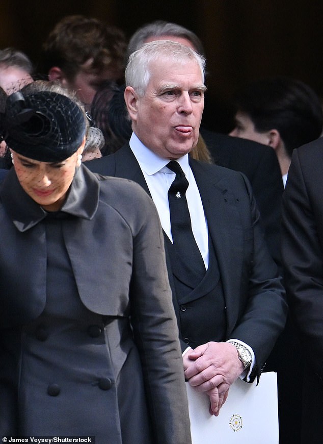 Prince Andrew sticks out his tongue after leaving the sombre service at Westminster Abbey
