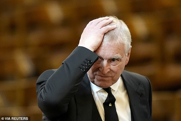 Prince Andrew, the Duke of York arrives for the Requiem Mass service for Katharine, the Duchess of Kent
