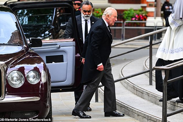 King Charles III arrives at the funeral for the Duchess of Kent at Westminster Cathedral today
