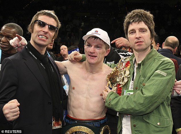 Oasis brothers Noel and Liam Gallagher walked Ricky Hatton into the ring holding his belts in 2008. Here, they celebrate with him after he defeated Paulie Malignaggi in Las Vegas