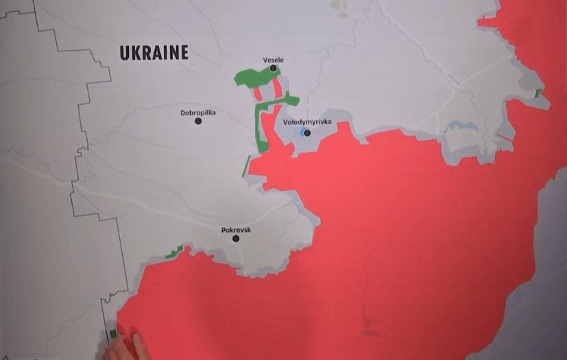 Illustration of a map of Ukraine with areas marked in red and green, and three towns labelled Dobropillia, Vesle, and Pokrovsk.