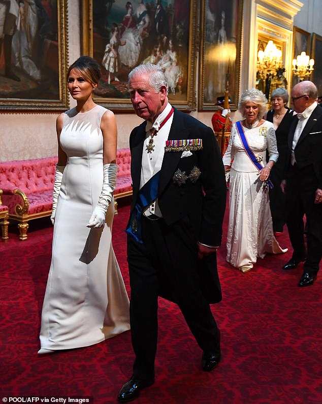 First Lady Melania Trump (left) wrote in her memoir about sitting next to then Prince Charles (right) during the 2019 state dinner at Buckingham Palace. She applauded his 'deep-rooted commitment to environmental conservation'