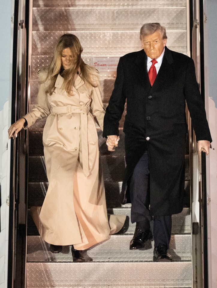 US President Donald Trump and First Lady Melania Trump step off Air Force One at Stansted Airport.