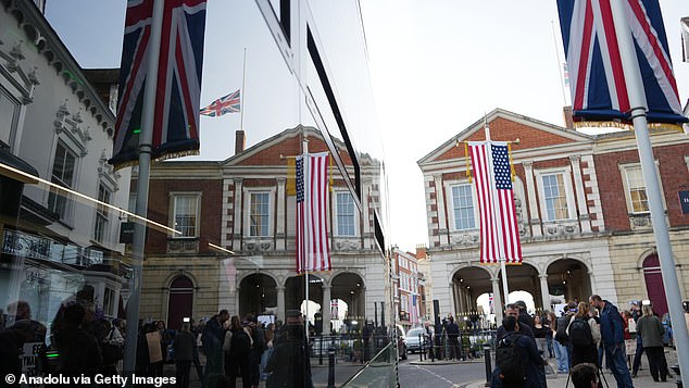 American flags and Union Jacks are seen on Windsor High Street ahead of the President's visit