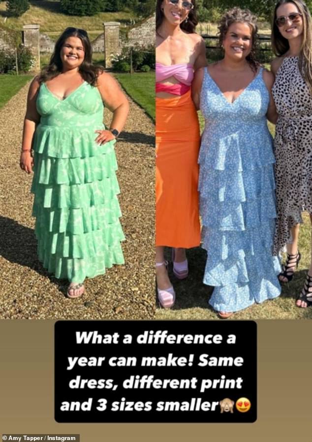 Back in July of this year Amy looked sensational in a plunging floral dress as she showcased her slimmed down figure at a family wedding