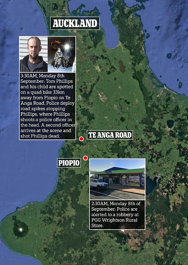 Tom Phillips was shot on Te Anga Road about 3.30am on Monday after allegedly robbing a store in Pipio