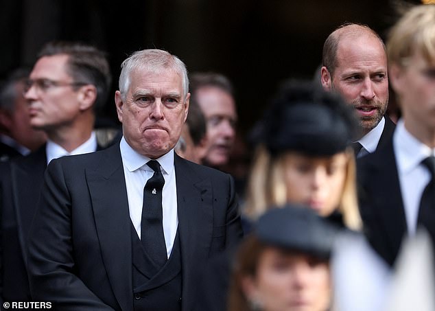 Prince Andrew stands next to Prince William at the end of the Requiem Mass for Katharine Kent