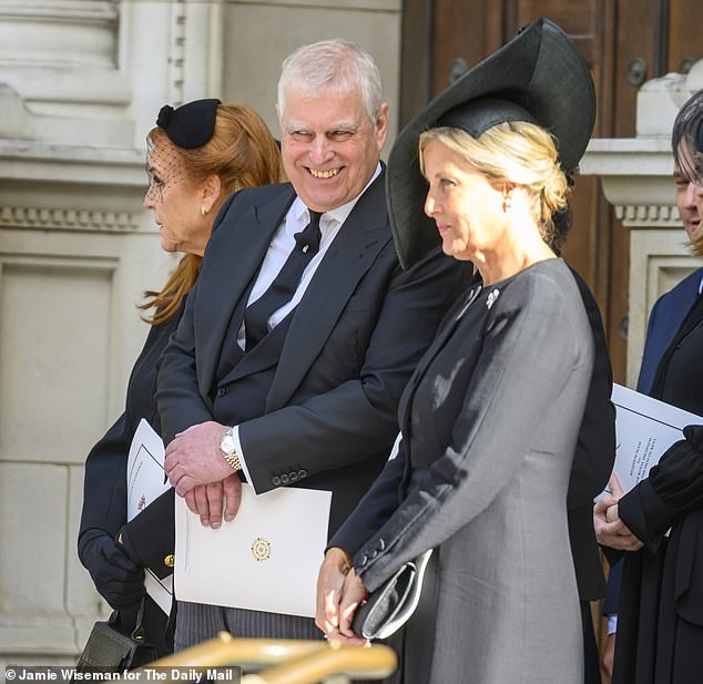 Prince Andrew appears to share a joke with the Duchess of Edinburgh at Katharine's funeral today