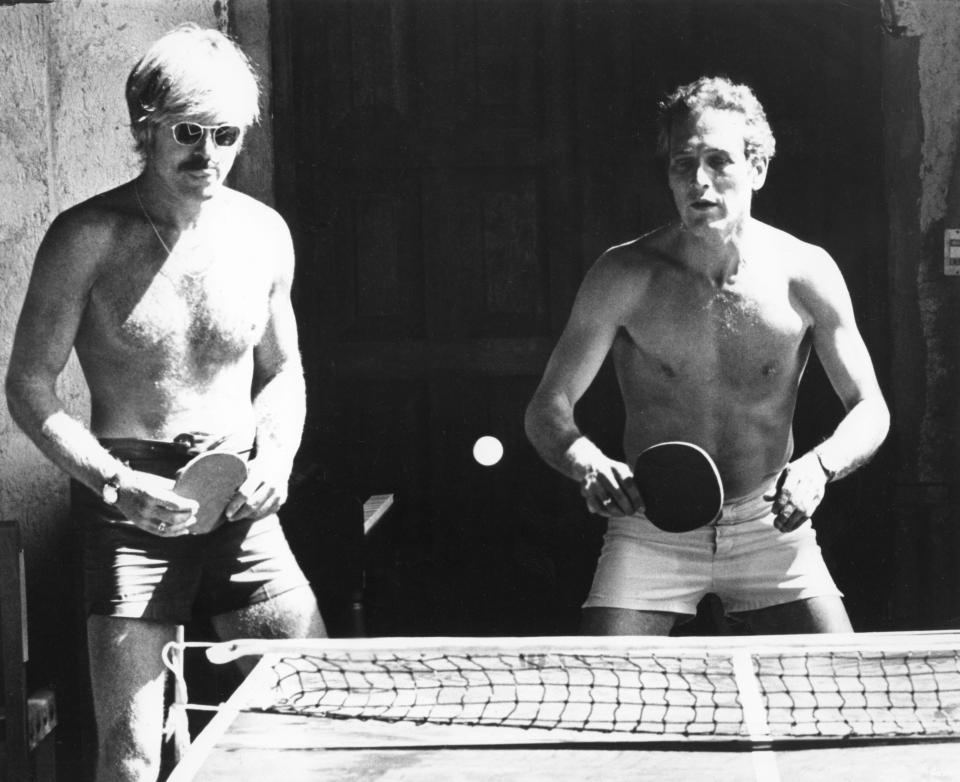 Robert Redford and Paul Newman playing ping pong during the filming of "Butch Cassidy and the Sundance Kid."