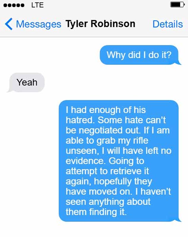 It is alleged that Robinson also detailed how he had left the gun used to kill Kirk nearby, texting his roommate about his attempts to retrieve it
