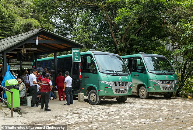 Demonstrations erupted last week when the concession of Consettur, the bus company that ferries visitors from Aguas Calientes to the Machu Picchu entrance, ended (pictured: shuttle buses in Aquas Calientes)