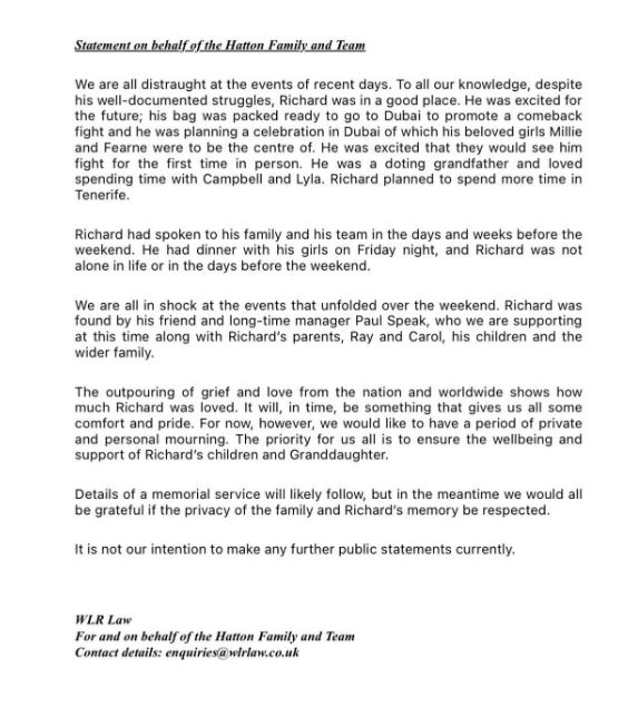 Statement on behalf of the Hatton Family and Team.