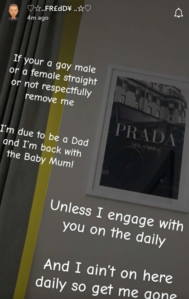Freddy Brazier's Snapchat story asks female and gay male fans to unfollow him as he is "due to be a Dad" and "back with the Baby Mum."