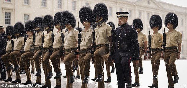Members of the Grenadier Guards, Coldstream Guards, Scots Guards and military bands from the Army and Royal Air Force rehearse ahead of the state visit by US President Donald Trump and First Lady Melania Trump at Wellington Barracks, London. Picture date: Friday September 12, 2025. PA Photo. Photo credit should read: Aaron Chown/PA Wire