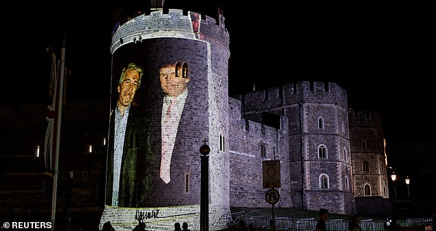 An image of U.S. President Donald Trump alongside disgraced financier Jeffrey Epstein is projected by by the campaign group Led By Donkeys on Windsor castle, after the arrival of U.S. President Donald Trump and first lady Melania Trump for a state visit to the country, in Windsor, Berkshire, Britain September 16, 2025. REUTERS/Phil Noble     TPX IMAGES OF THE DAY