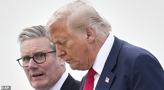 FILE - President Donald Trump and Britain's Prime Minister Keir Starmer exit Air Force One as they arrive at Royal Air Force Lossiemouth en route to Aberdeen, Scotland Monday, July 28, 2025. (AP Photo/Jacquelyn Martin, File)