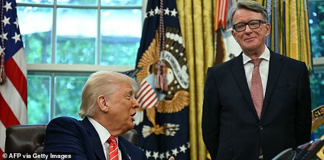 (FILES) US President Donald Trump shakes hands with British ambassador to the United States Peter Mandelson after making a trade announcement in the Oval Office of the White House in Washington, DC, on May 8, 2025. Peter Mandelson, the UK's ambassador to the United States, has been sacked over revelations about his friendship with the late sex offender Jeffrey Epstein, the UK government said on September 11, 2025. "The Prime Minister has asked the Foreign Secretary to withdraw him as ambassador," a foreign ministry statement said, adding that new messages showed the "the depth and extent of Peter Mandelson's relationship with Jeffrey Epstein". (Photo by Jim WATSON / AFP) (Photo by JIM WATSON/AFP via Getty Images)