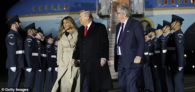 STANSTED, ESSEX - SEPTEMBER 16: U.S. President Donald Trump and First Lady Melania Trump exit Air Force One after arriving at London Stansted Airport for a state visit on September 16, 2025 in Stansted, Essex. President Trump is in England from Sept. 16-18 on his second UK state visit, with the previous one taking place in 2019 during his first presidential term. (Photo by Anna Moneymaker/Getty Images)
