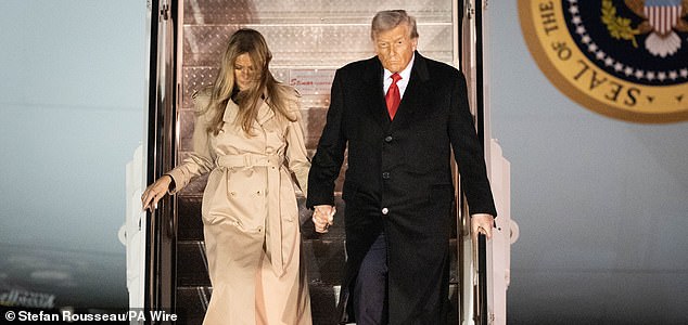 US President Donald Trump and First Lady Melania Trump step off Air Force One as they arrive at Stansted Airport, in Essex, ahead of the US President's second state visit to the UK. Picture date: Tuesday September 16, 2025. PA Photo. Photo credit should read: Stefan Rousseau/PA Wire