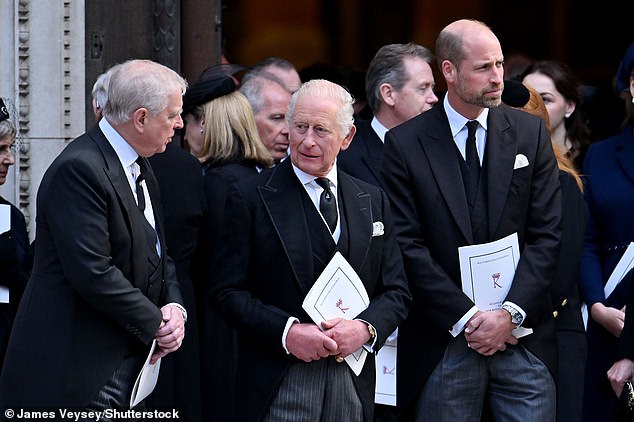 Andrew, Charles and William at the funeral for the Duchess of Kent at Westminster Cathedral