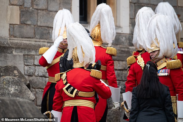 Members of the Honourable Corps of Gentlemen at Arms at Windsor Castle this morning