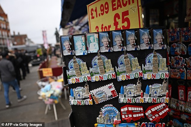 Royal-themed souvenirs are pictured for sale near Windsor Castle this morning