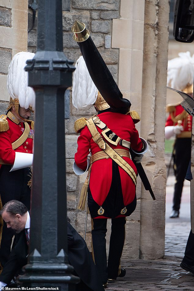 Members of the Honourable Corps of Gentlemen at Arms at Windsor Castle this morning
