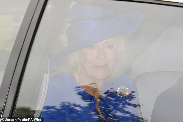 The Queen flashes as smile as she is driven up to Windsor Castle after ill health forced her to miss the Duchess of Kent's funeral yesterday