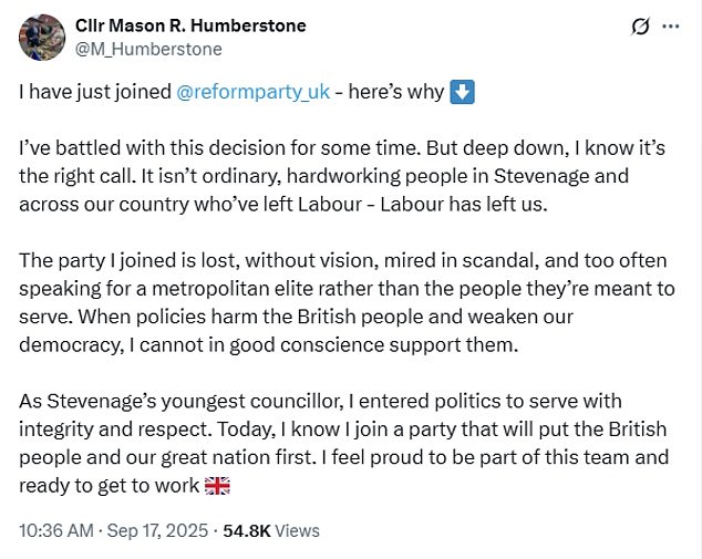 Announcing his decision on Twitter he accused Labour of 'too often speaking for a metropolitan elite rather than the people they're meant to serve'.