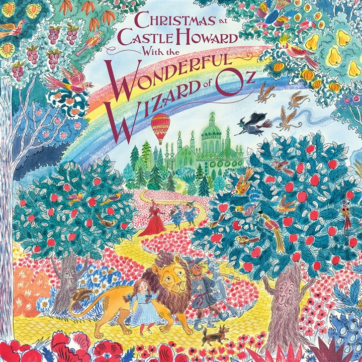 Illustration of the Christmas at Castle Howard with the Wonderful Wizard of Oz event, depicting characters from the Wizard of Oz in a colorful landscape.