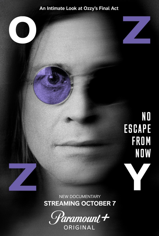 An illustration for the Ozzy Osbourne documentary "Ozzy: No Escape from Now", showing a black and white close-up of Osbourne's face with purple-tinted round glasses, with large white letters "O", "Z", and "Y" around him, and a smaller purple "Z" in the bottom left.