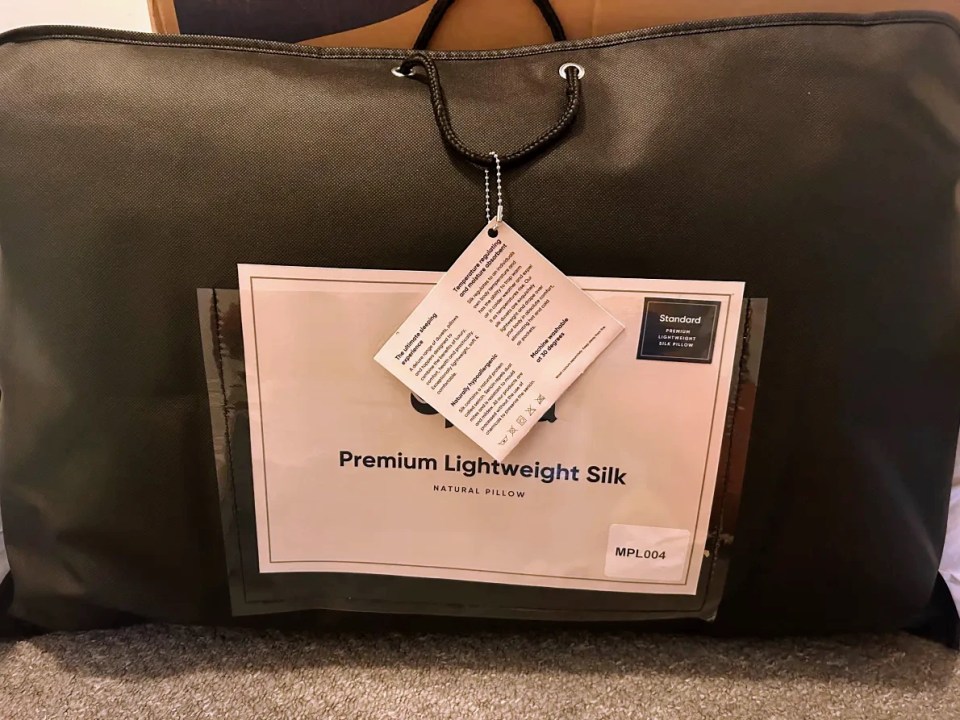 Premium lightweight silk pillow in a black bag.