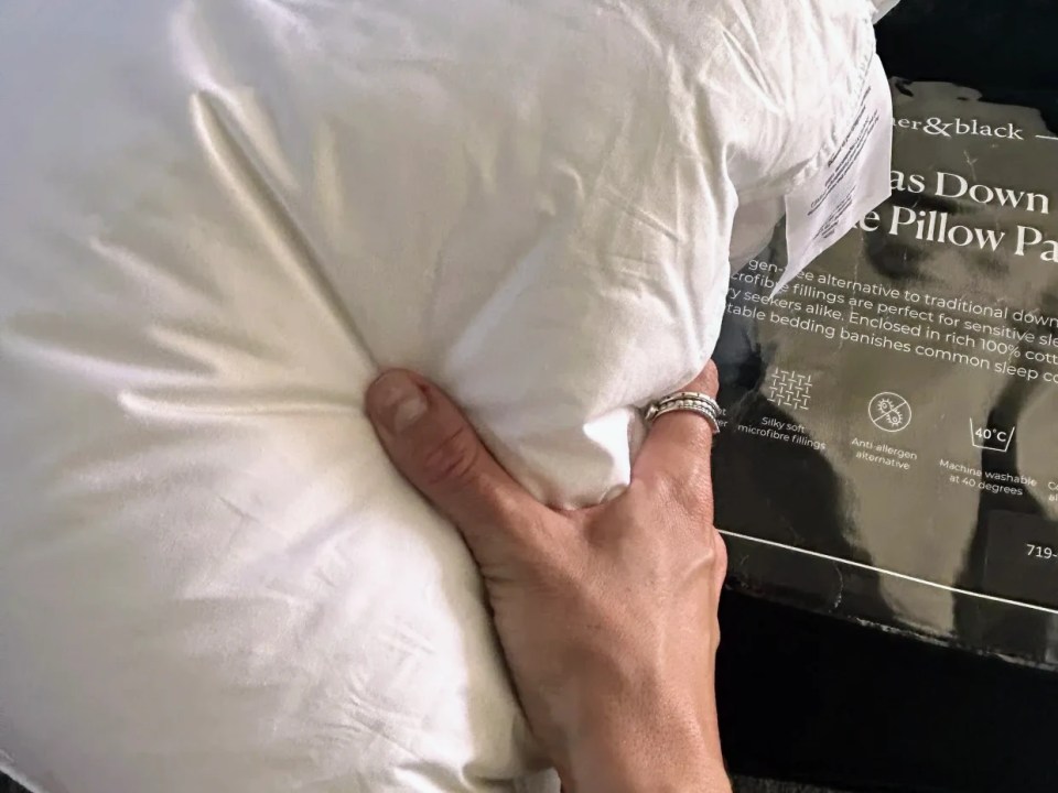 Hand holding a white pillow next to its packaging.