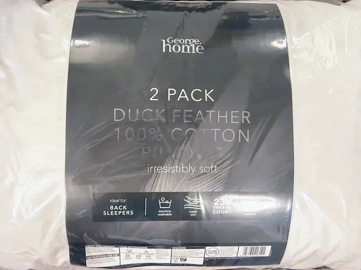 Two George Home duck feather pillows in a plastic package.