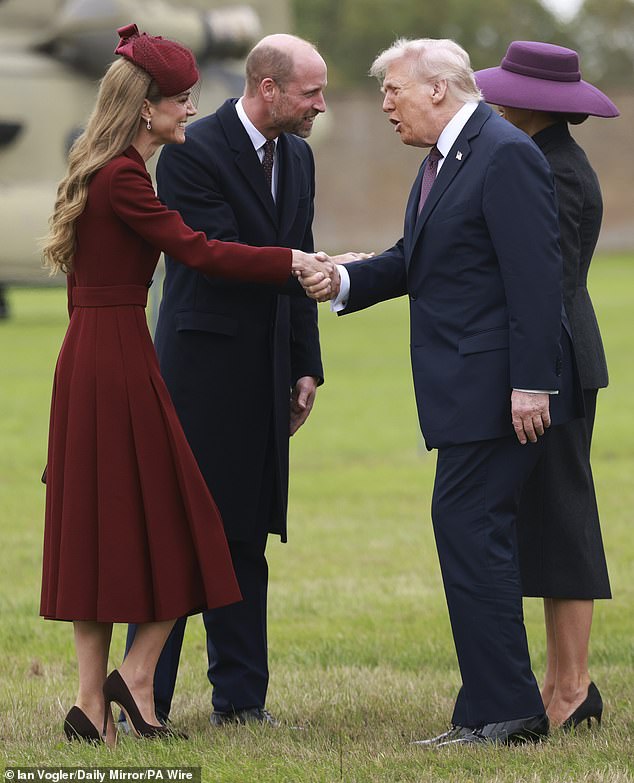 Earlier this week, a Trump source said, 'The President and First Lady are thrilled that the Princess of Wales will play such a prominent role in their visit'. The Princess is seen chatting with Mr Trump shortly after he arrived in Windsor