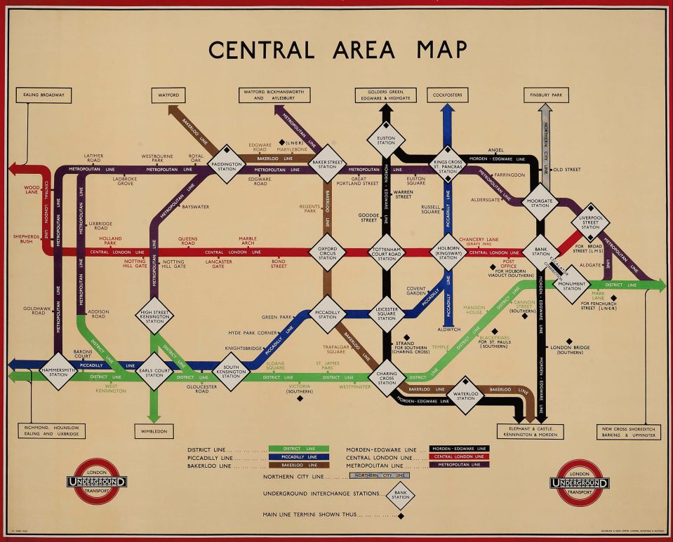 Illustration of the 1933 London Underground map, designed by Harry Beck, showing different colored lines for routes and black diamonds for interchange stations.