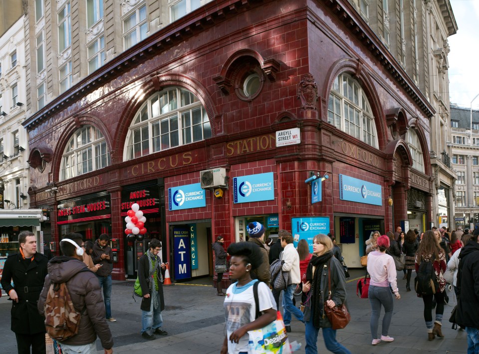 The original entrance and exit of Oxford Circus Underground Station on the corner of Argyll Street and Oxford Street, London, UK.