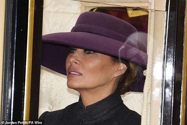 First Lady Melania Trump during the carriage procession to Windsor Castle this afternoon