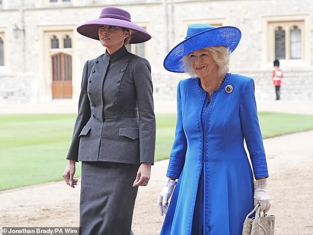 First Lady Melania Trump (left) and Queen Camilla during the ceremonial welcome today