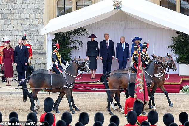 The Princess of Wales, the Prince of Wales, First Lady Melania Trump, President Donald Trump, King Charles III and Queen Camilla review the guard of honour during the ceremonial welcome